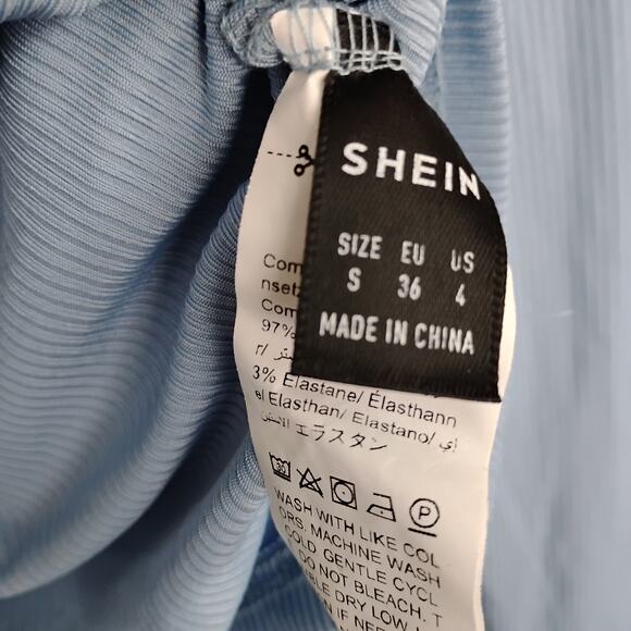 Shein Ribbed Blouse Size Small Blue Long Sleeve Ruched Sides Wide Round Neck - Picture 6 of 6